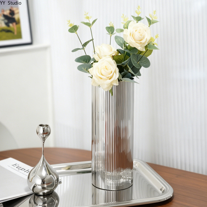 Desk Setup Minimalist - Luxuriöse Edelstahl-Vase Nordisch-Minimalistische Wohnzimmer-Tischdekoration Kreative Blumenarrangements